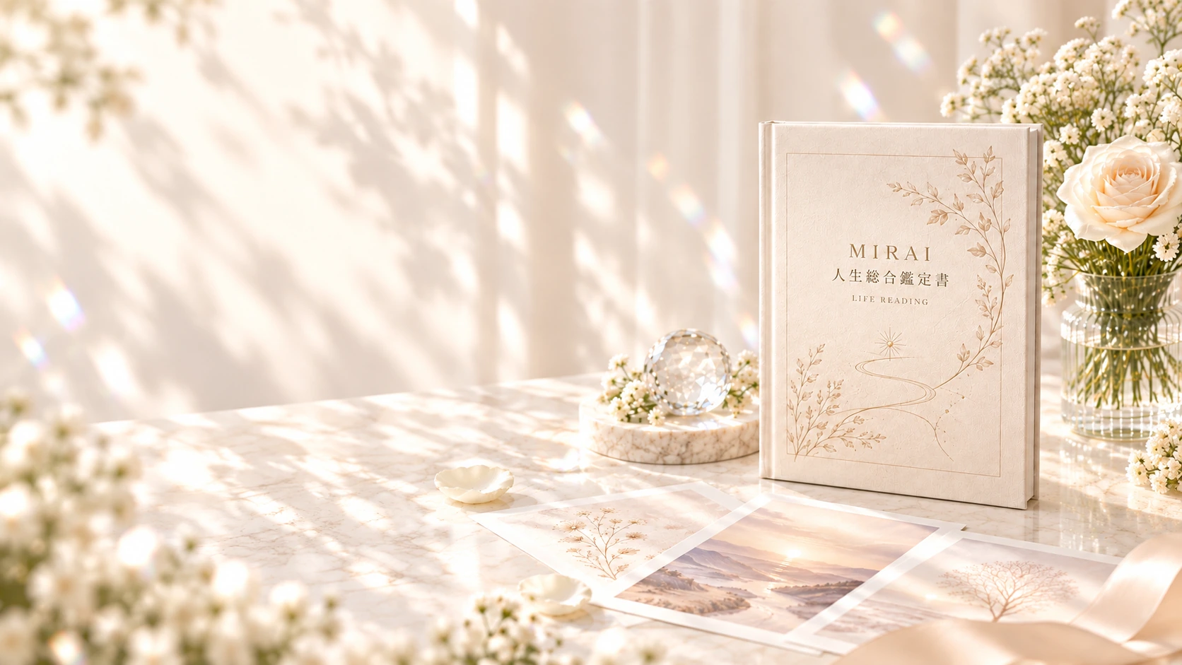 やわらかな自然光の中に、白い花とともに、製本したMIRAI 人生総合鑑定書が置かれている。