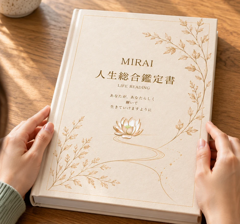 木の机の上で、両手に持った MIRAI 人生総合鑑定書の製本版。